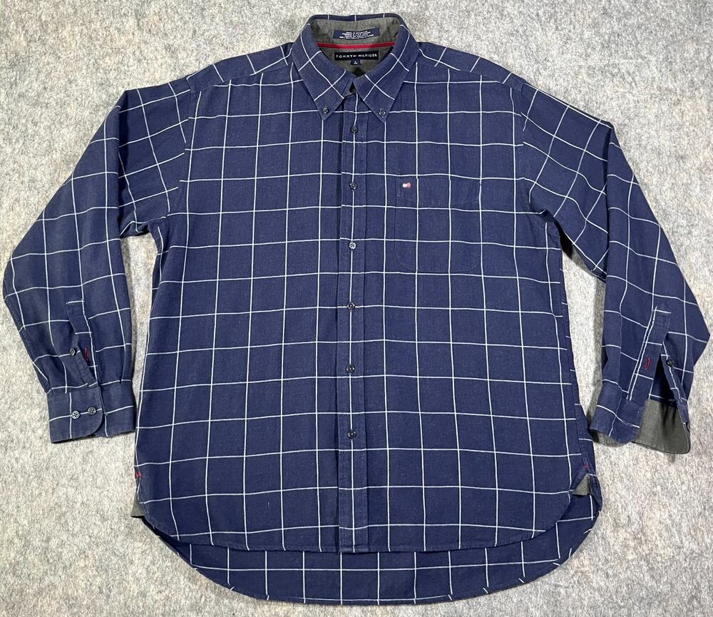 Tommy Hilfiger Windowpane Plaid Button Down Dress Shirt / Men Large /Navy Blue